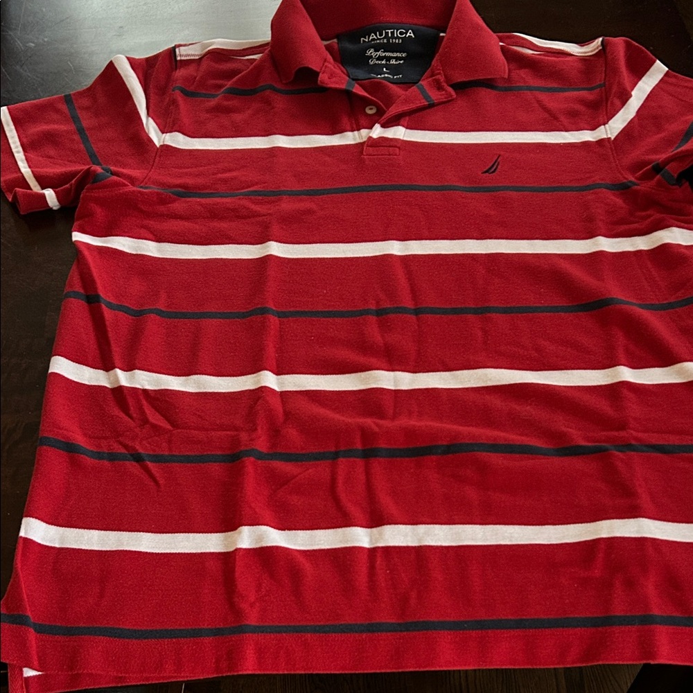 Nautica Men's Red and White Striped Polo Shirt